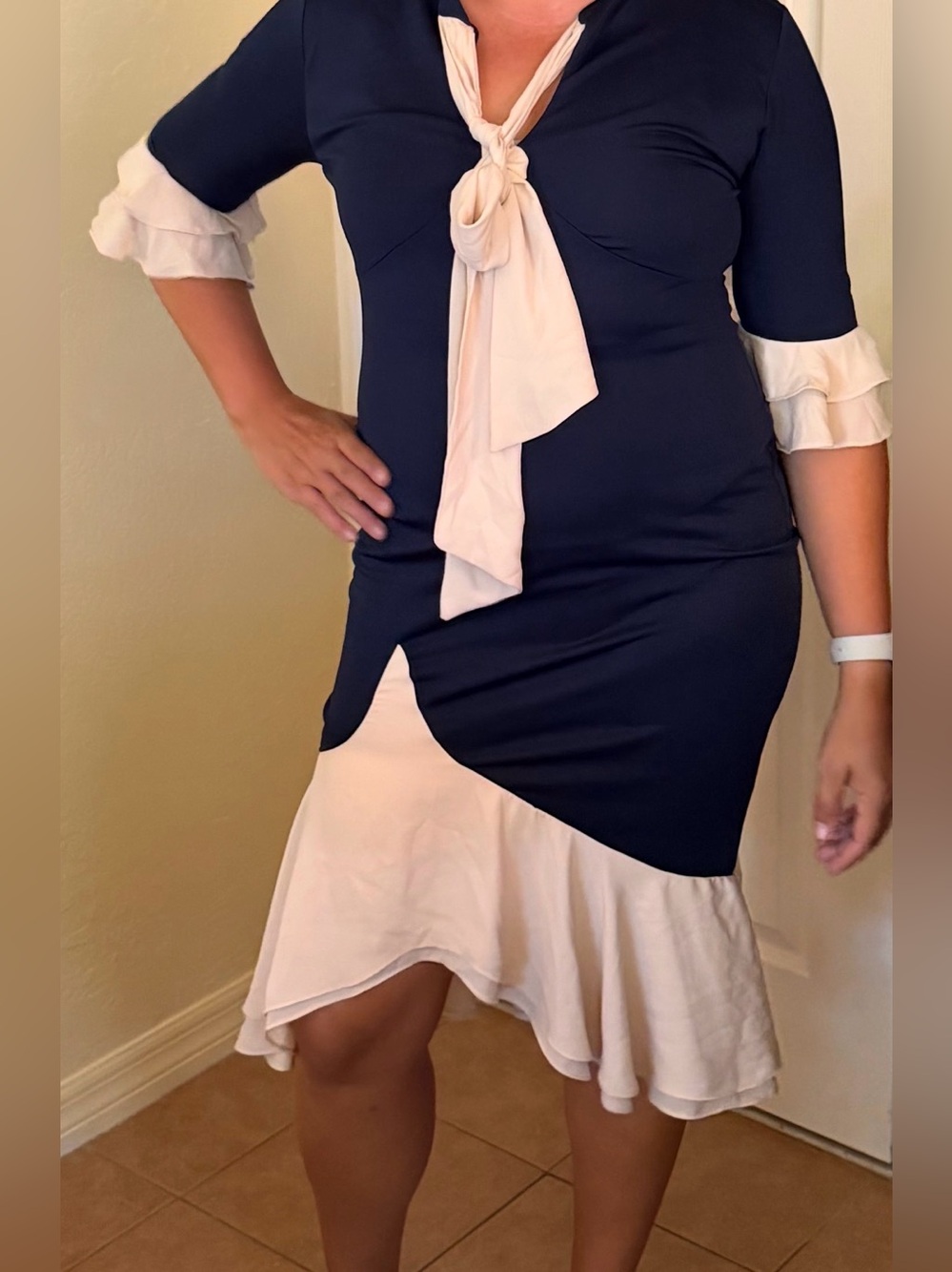 Navy and Blush Ruffle Tie-Neck Sheath Dress